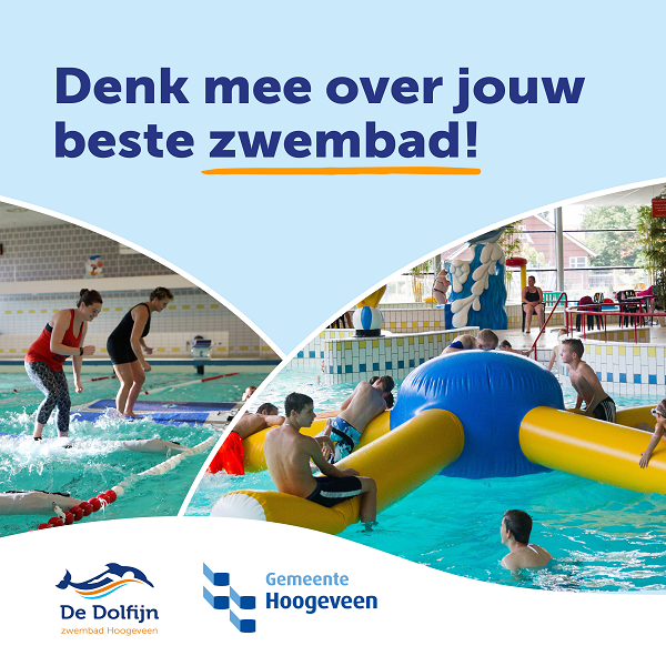 Zwembad met mensen en tekst Denk mee over jouw beste zwembad